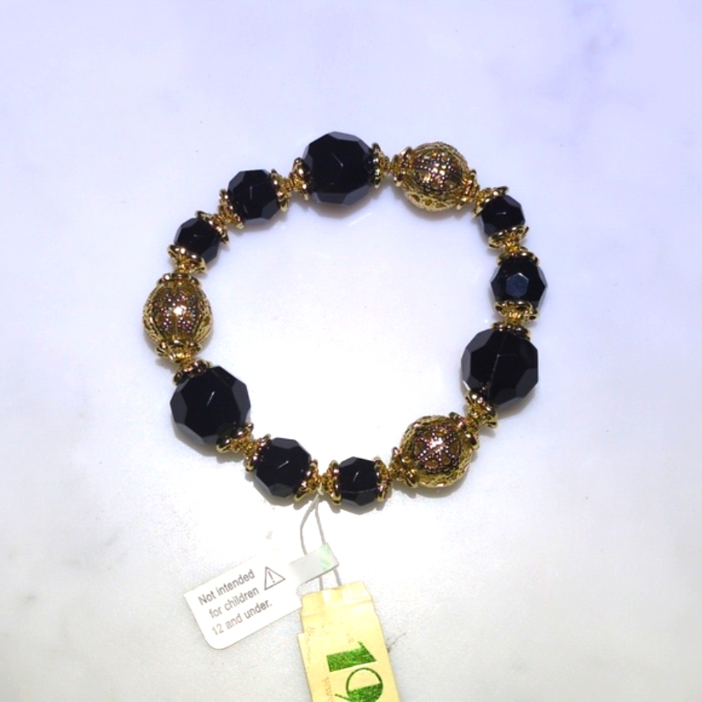 1928 Black and Gold Bracelet  / 1928 Beaded Stretch Bracelet